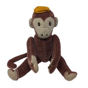Old Vintage 1960s Handmade Monkey Plush Toy Sitting Hat 9 inches tall Fair OOAK